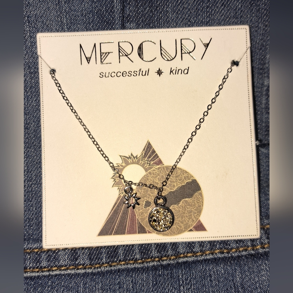 Mercury Silver Tone Necklace with Faux Druzy Pendant- 10"